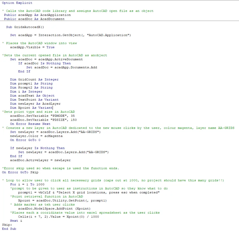 Example code for using AutoCAD’s API functionality to retrieve x coordinates from a CAD file. This is a handy tool to speed up how to set grids in ETABS