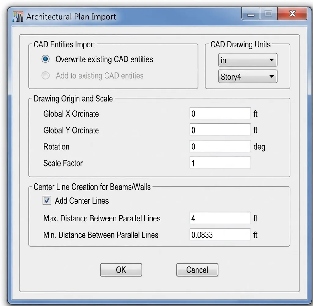 Dialog box which appears then importing a CAD file into ETABS as a traceable background with grids and other elements of a drawing.