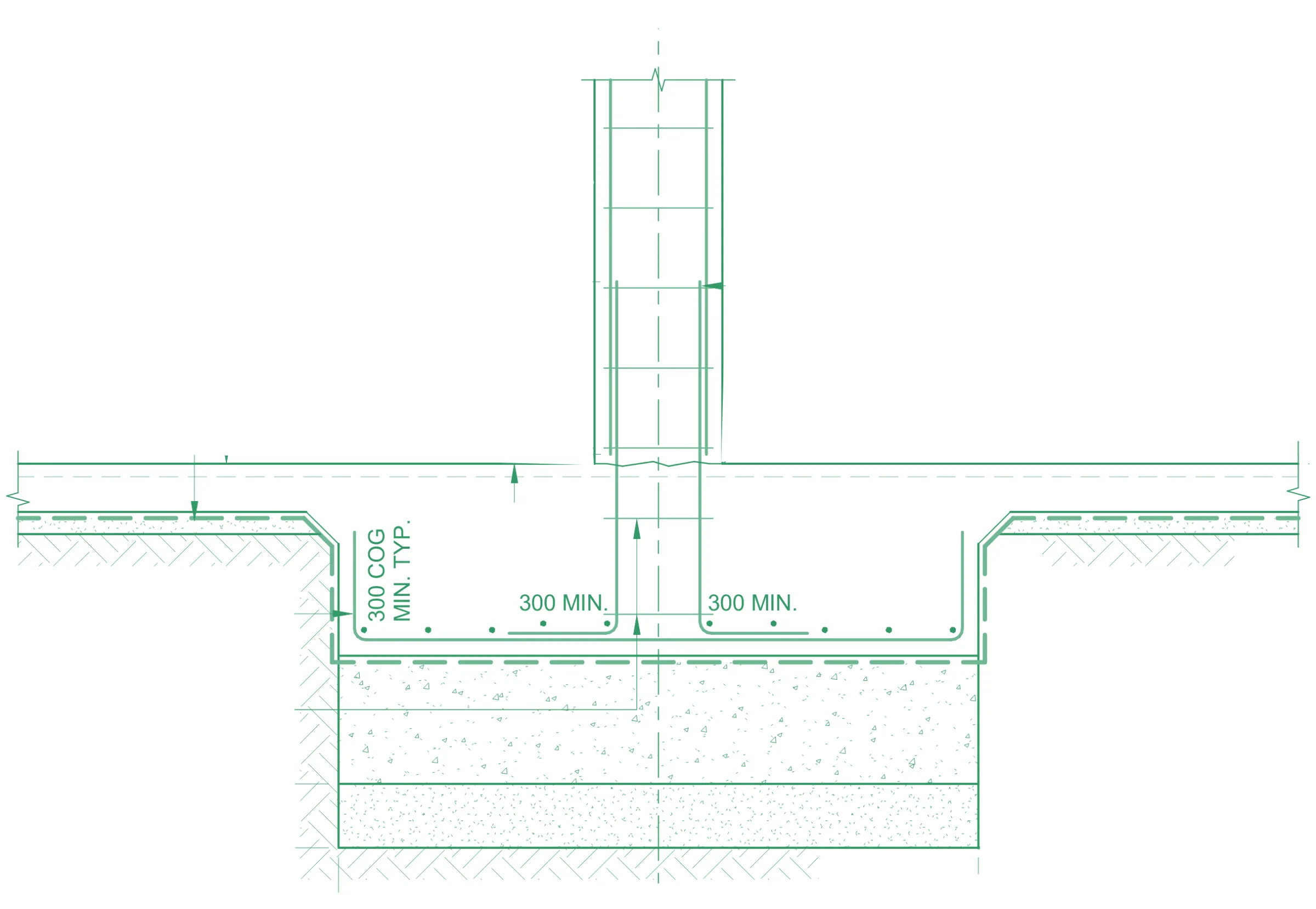 Typical footing detail you may see within a set of Structural Drawings (representation often indicates that the footing is formed and not cast against the ground).