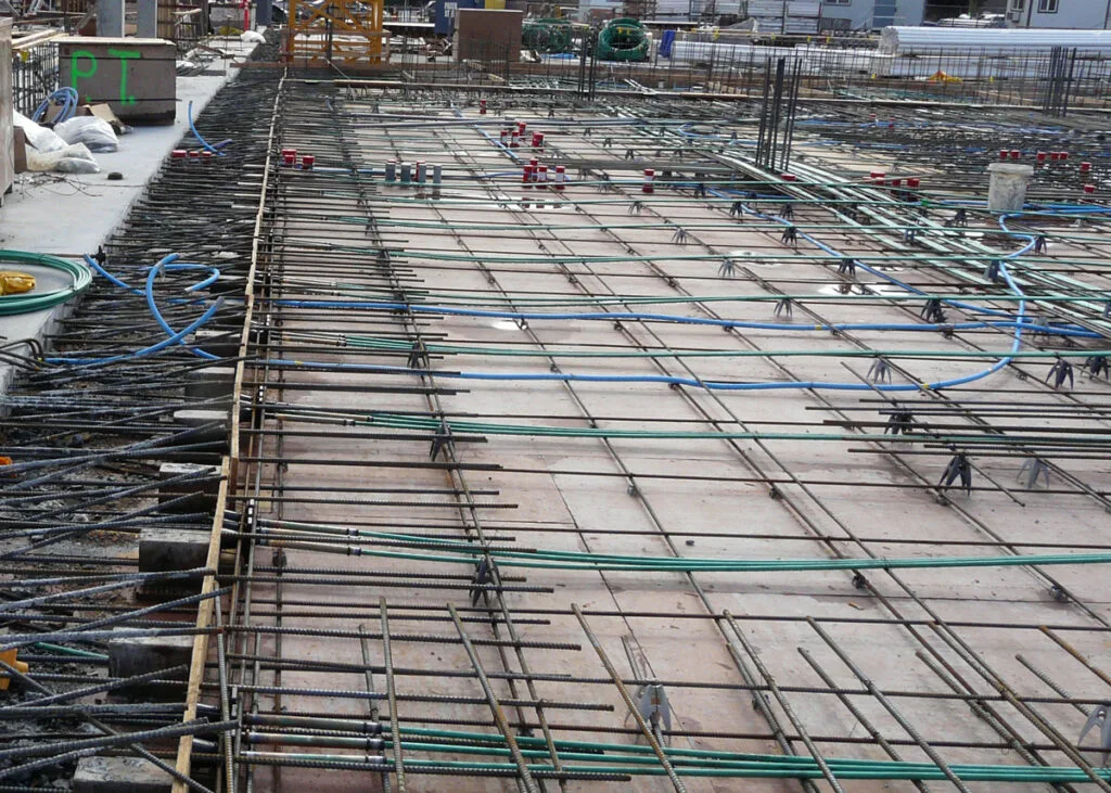 Pre-pour concrete inspection of a post-tensioned concrete slab before concrete placement.