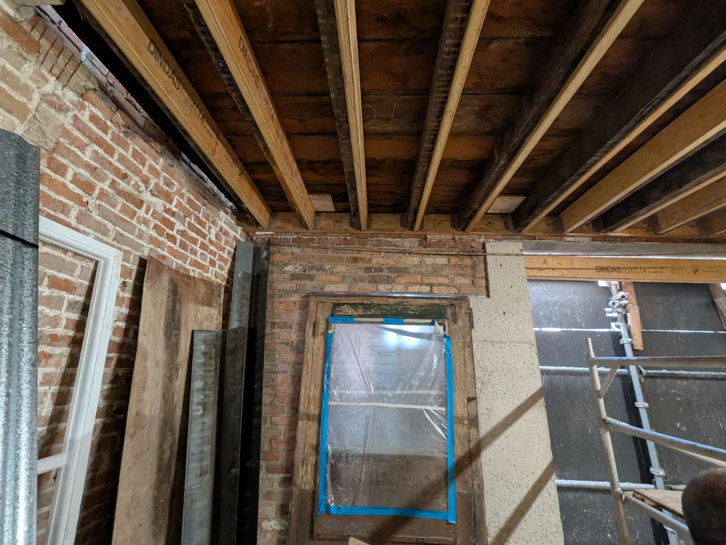 The existing first floor timber joists were doubled with new timbers to increase the load carrying capacity in anticipation of the buildings new usage