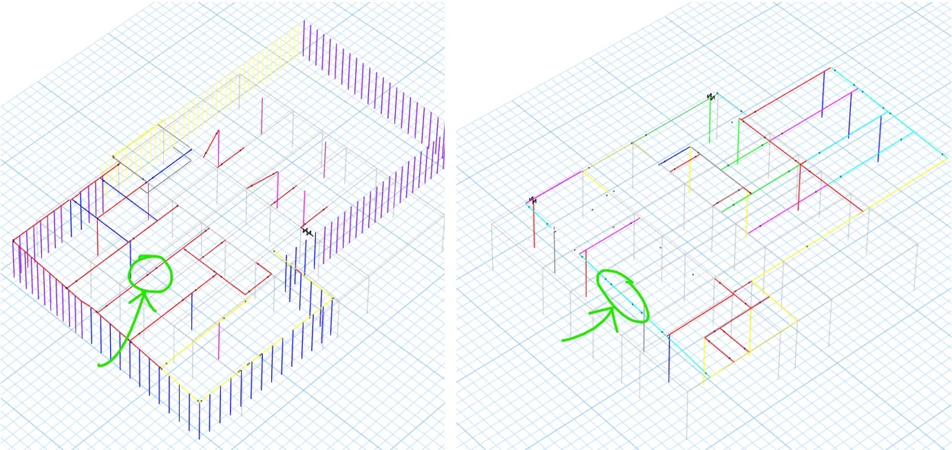 Stick model view of basement isolated indicating locations of instability