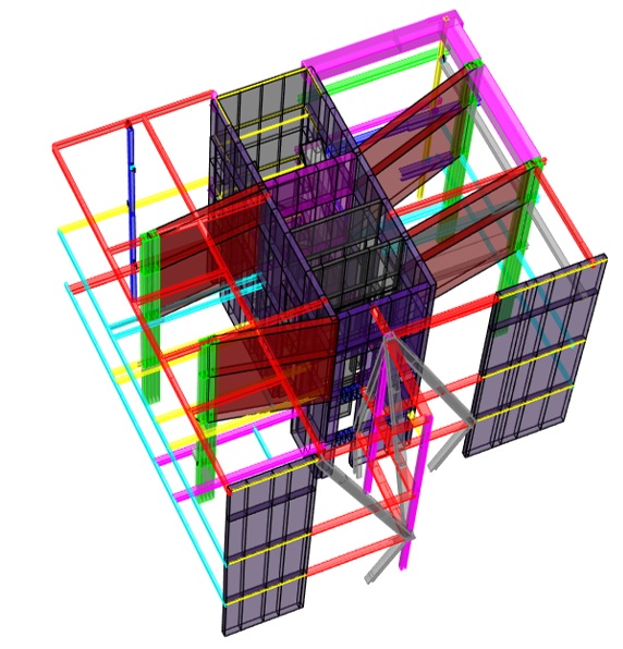 Isolated view of outrigger level with shear walls and steel frame elements indicated